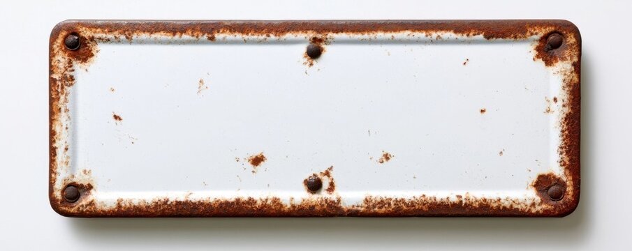 Rectangular weathered metal sign with white enamel surface and rusted edges