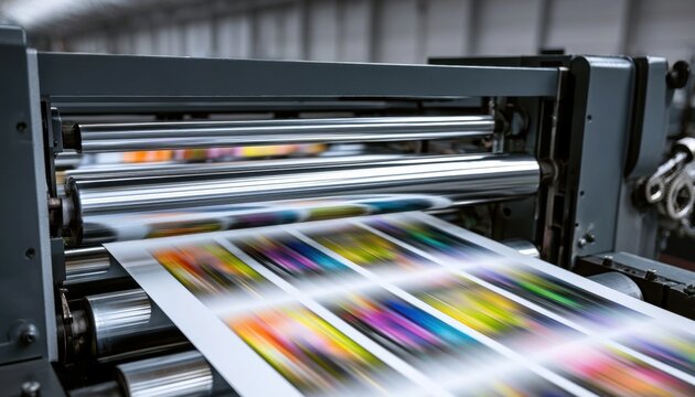 An industrial offset printing press in operation, rollers guiding colorful printed sheets through the machine