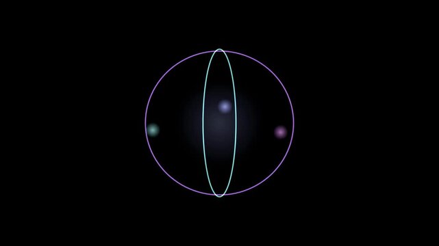 Abstract animated ring element with two layers drawn as blue and cyan glowing lines and dots on a deep dark background. Clean minimal motion graphics element with free space around it, ideal for title