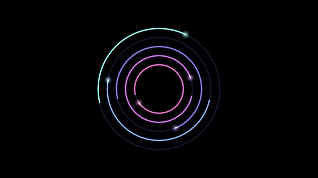 Abstract animated ring element with a progress bar drawn as blue and cyan glowing lines and dots on a deep dark background. Clean minimal motion graphics element with free space around it, ideal for t