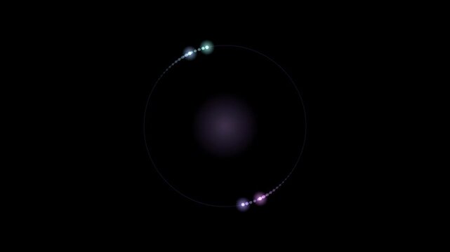 Abstract animated ring element with orbiting motion drawn as blue and cyan glowing lines and dots on a deep dark background. Clean minimal motion graphics element with free space around it, ideal for 