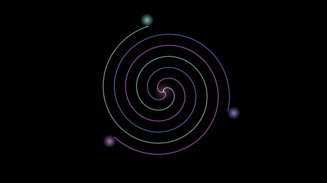 Abstract animated ring element with a spiral drawn as blue and cyan glowing lines and dots on a deep dark background. Clean minimal motion graphics element with free space around it, ideal for title s