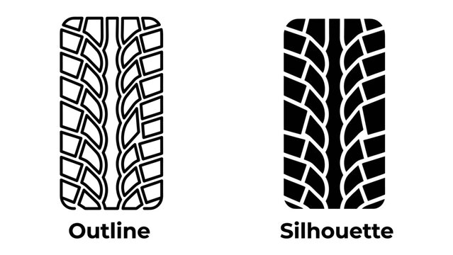 Tire Tread Patterns: Two distinct tire tread designs, an outline and a silhouette, showcasing different patterns for traction and grip on various surfaces, ideal for automotive or industrial graphics.