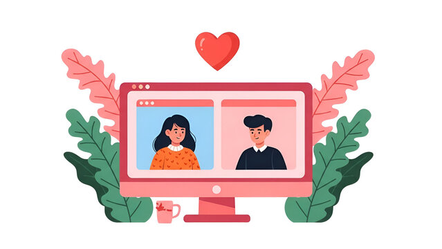 Couple video calling on computer screen isolated on transparent background