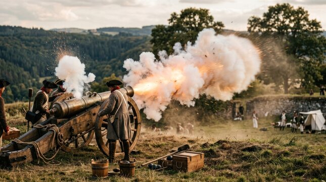 Historical Reenactment Cannon Firing with Smoke and Fire.