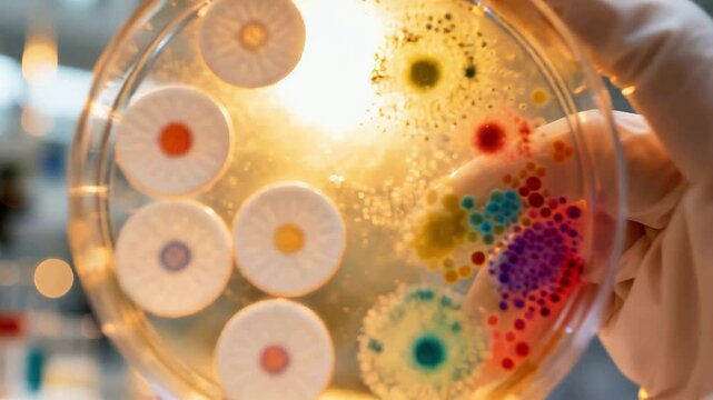 Microbiologist examining petri dish with bacterial culture colonies in laboratory. Scientist analyzing microbial growth for medical research and vaccine development.