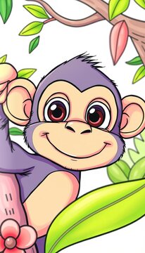 Monkey's big round eyes and sweet smile fill the page of a cartoon coloring book, sweet, eyes