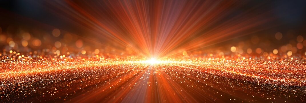 Abstract glowing orange light explosion with sparkling particles and bokeh effect on dark background