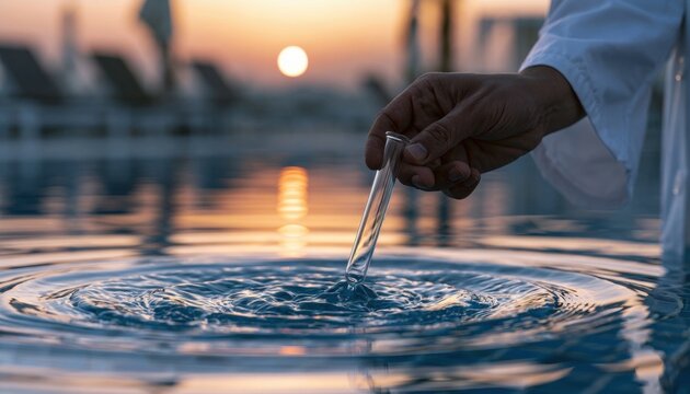 Scientist collecting water sample from a swimming pool at sunset