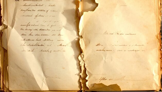 Antique handwritten journal pages with aged, torn paper and cursive script, evoking history and nostalgia.