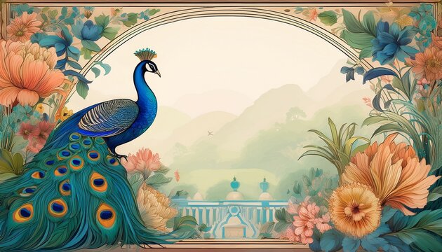 mughal garden with peacock and floral border frame