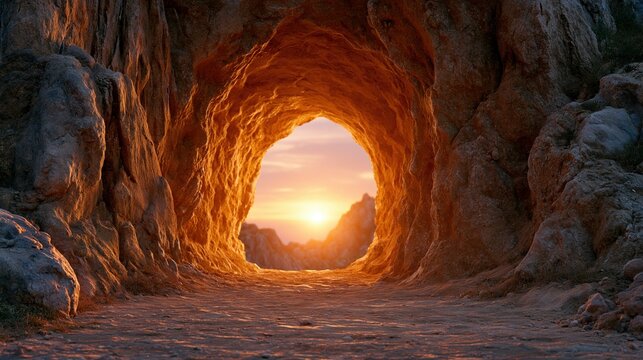 Cave entrance opening to a vibrant sunset over rocky landscape, warm golden light illuminating the scene.