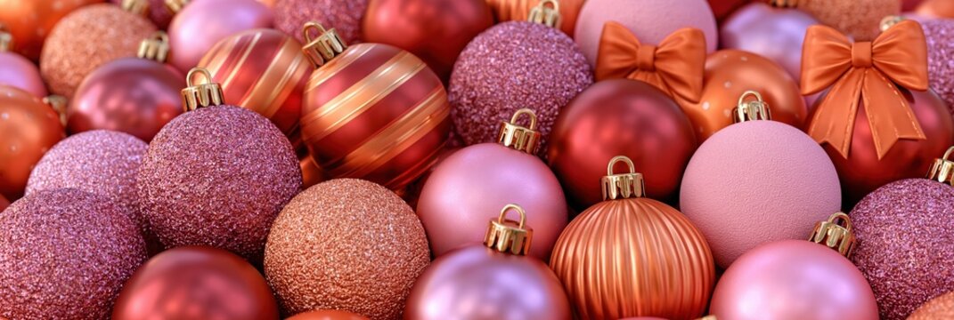 Close-up of a festive collection of Christmas ornaments in various pink, red, and orange hues, some with glitter.