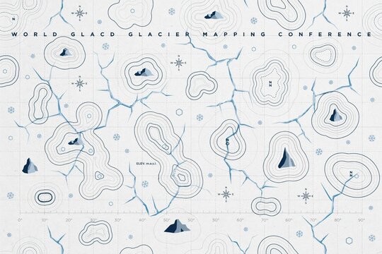 Topographic map pattern featuring blue contour lines, glacier compass roses, and snowflake on a white grid background