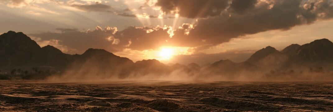 Dramatic desert sunset with sun rays breaking through clouds over mountains and dust storm