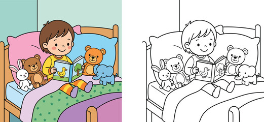 Cute little boy reading bedtime story book in bed with stuffed plush toys vector illustration and outline coloring page set