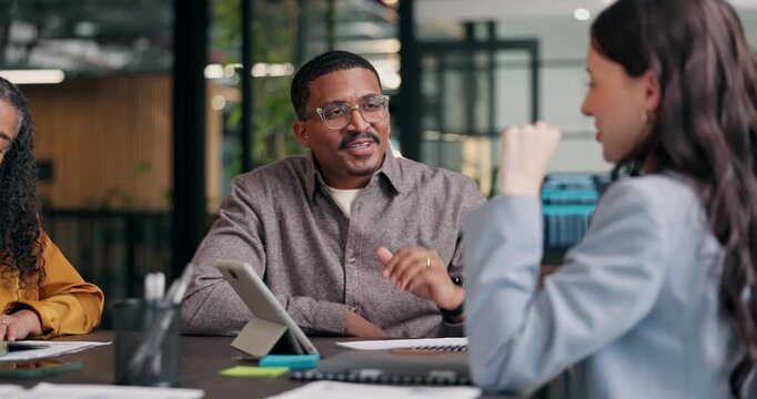 Review, high five or team in office with tablet, ad growth or good news on creative pitch. Happy, meeting or brand advisors with success, proposal approval or positive feedback on marketing campaign.