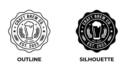 Fototapeta premium Craft Brew Co. Emblem: Two emblem designs, one outlined and one silhouetted, showcase a stylized beer glass, wheat stalks, and stars, representing a craft brewery's identity.