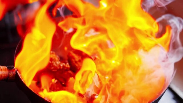 Stir-fry the meat chunks over an iron pan over open flames, with smoke rising from the flames