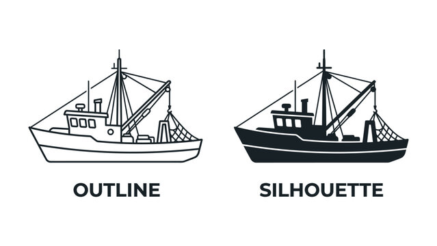 Fishing Trawler Outline and Silhouette: Two stylized depictions of a fishing trawler, one presented as a clean outline and the other as a solid silhouette.