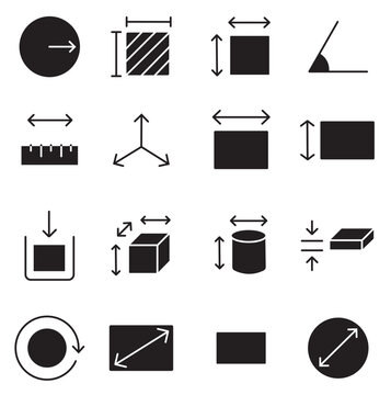 Minimalist measurement icons set, black geometric dimension symbols for technical drawing, 16 vector scale and size indicators for engineering