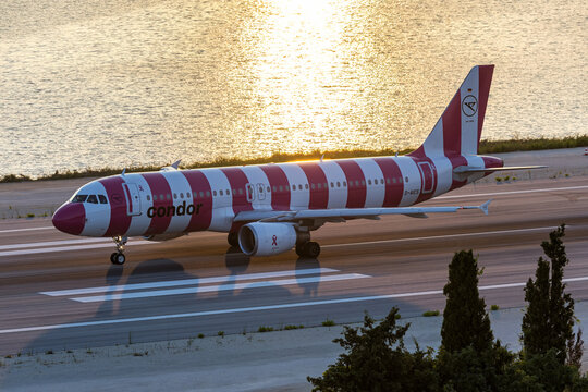 Condor Airbus A320 airplane at Corfu airport in Greece Breast Cancer Awareness special livery