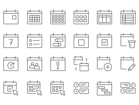 Minimalist calendar line icons set, 24 vector schedule and appointment symbols, modern thin stroke planning and time management UI elements