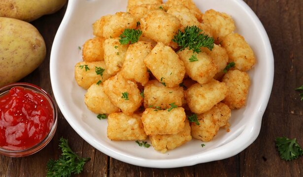 Delicious fried potatoes known as tater tots or pom pom potato