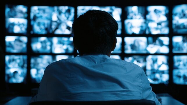 Silhouette of a person seated before a wall of glowing blue monitors displaying abstract data