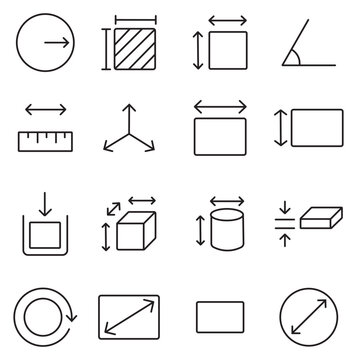 Minimalist measurement icons set, 16 thin line vector symbols for dimensions and scale, geometric size and area indicators for technical blueprints