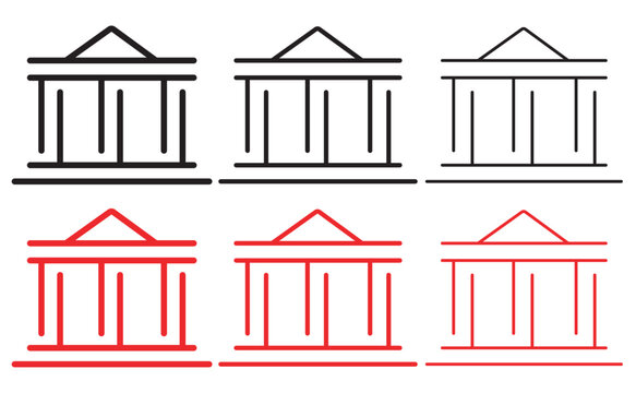 Minimalist bank building icon set, 6 architectural courthouse line art vectors, red and black financial institution symbols for banking and law
