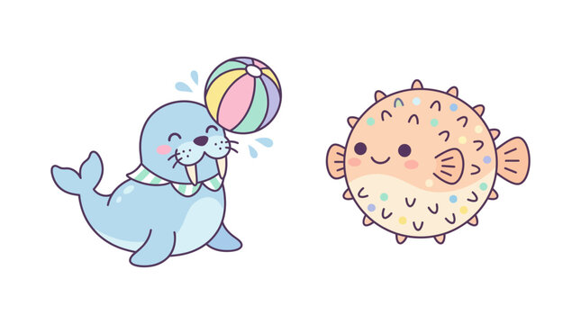 Walrus and pufferfish appear as cute cartoon characters playing with a colorful beach ball.