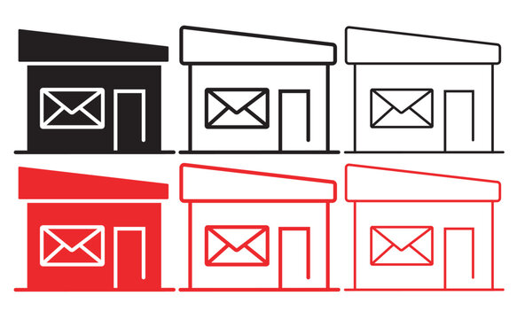 Post office icon set in black and red, minimalist mail building vector illustrations, 6 postal service symbols for logistics and shipping apps