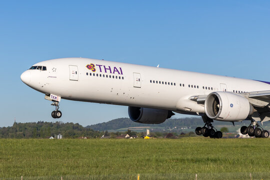 Thai International Airways Boeing 777-300ER airplane at Zurich airport in Switzerland