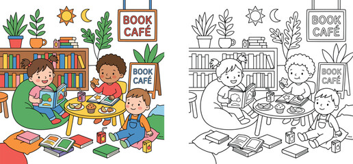 Fototapeta premium Cute children reading books in book cafe vector illustration with coloring page, kids activity, literacy, library learning, outline art.