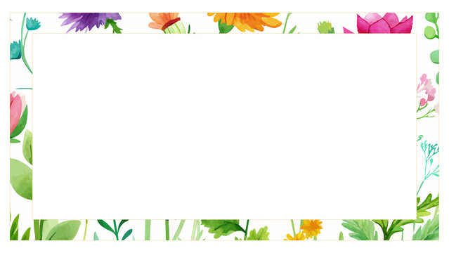 A rectangular horizontal picture frame with a border decorated with a painted floral design and a transparent background.