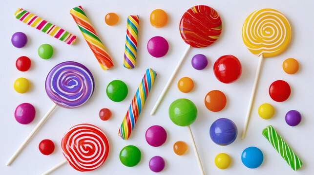 Colorful assortment of lollipops, candy sticks, and round sweets on a white background. Bright, vibrant, and playful arrangement perfect for candy, childhood, or celebration themes.