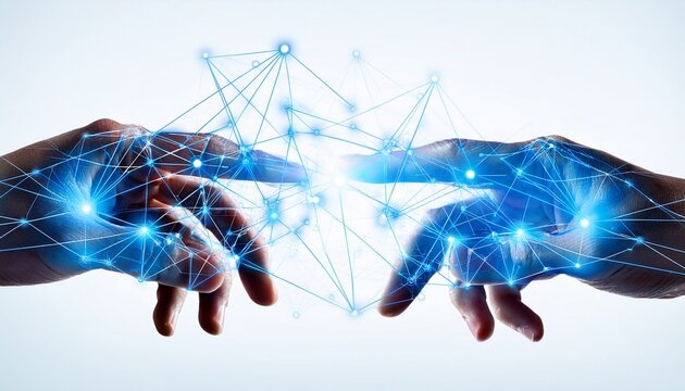 two blue hands touching with glowing network connections on white background