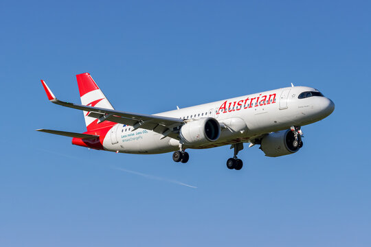 Austrian Airlines Airbus A320neo airplane at Zurich airport in Switzerland