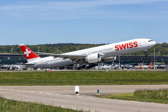 Swiss Boeing 777-300ER airplane at Zurich airport in Switzerland