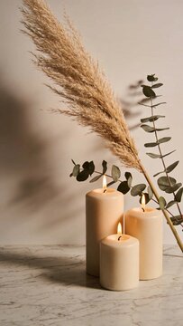 lit beige candles next to dried pampas grass and eucalyptus on a marble surface, warm flame glow and soft shadows, elegant minimalist mood, negative space on the left