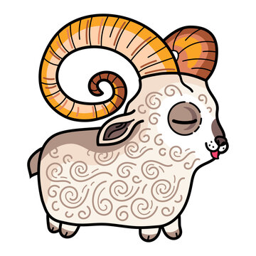 A child's cartoon drawing of a ram. The goat is the symbol of the New Year 2027. A farm animal. Isolated on a white background. For kids lamb