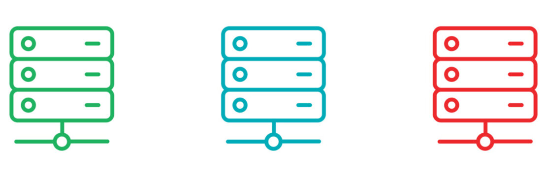 Minimalist server icon set in green blue and red, database storage vector symbols, cloud computing and network hosting line art illustrations
