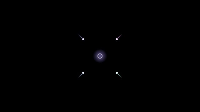 Abstract animated target arrows drawn as cool blue-white glowing lines and dots on a deep dark background. Clean minimal motion graphics element with free space around it, ideal for title sequences, u