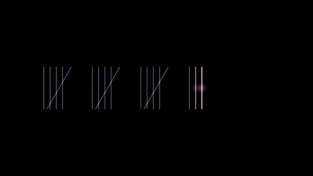 Abstract animated tally mark counter drawn as cool blue-white glowing lines and dots on a deep dark background. Clean minimal motion graphics element with free space around it, ideal for title sequenc