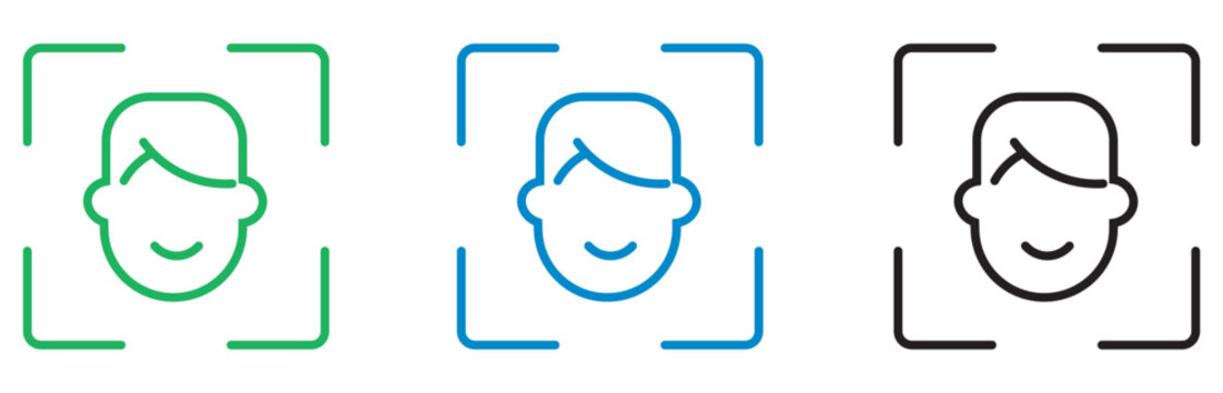 Facial recognition line icons set, biometric face scanning technology symbols, digital identity verification and security access vector graphics