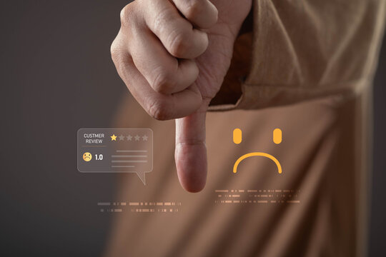 Negative customer feedback and poor service experience concept with low rating review and dissatisfied user. Customer satisfaction, complaint management, reputation risk and quality improvement.