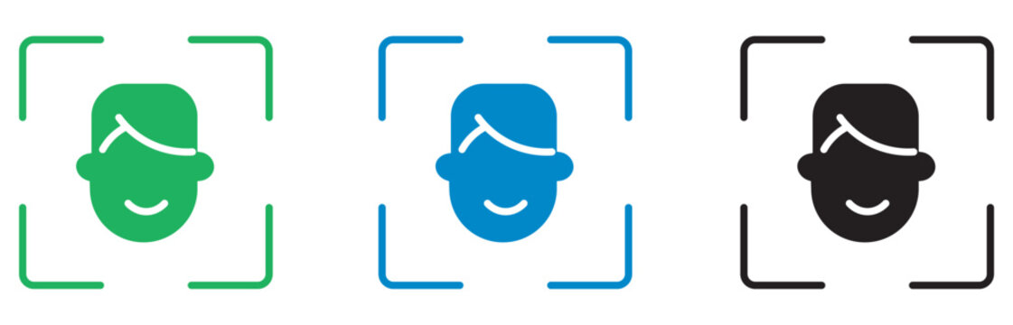 Facial recognition technology icons, biometric face ID scanning symbols, digital identity verification vector set for security apps and mobile login