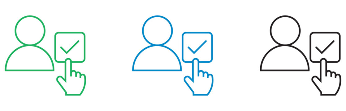 Minimalist user selection line icons, person profile with check mark box, human resource recruitment and candidate verification vector set