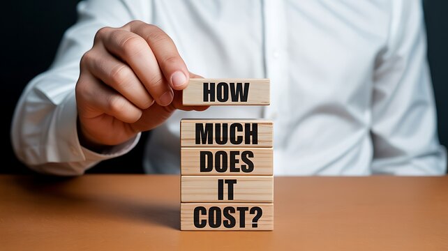 Businessman arranging how much does it cost blocks representing pricing cost estimation and financial planning